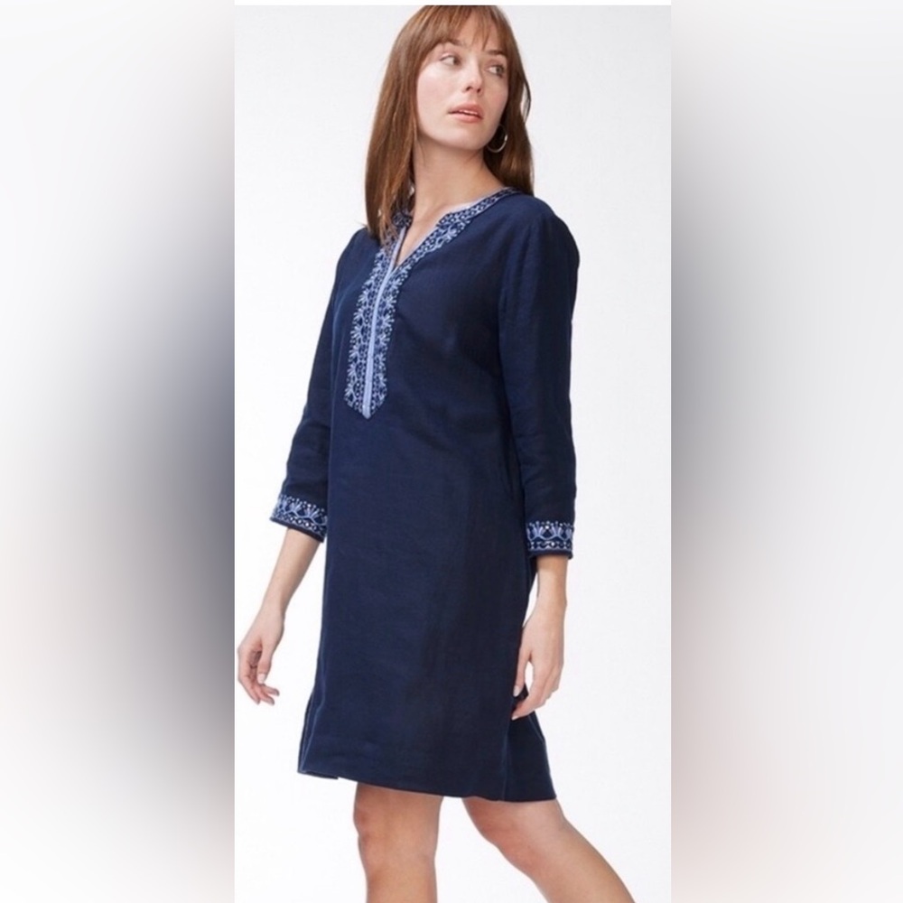 NWT Chico's Dark Blue Linen Dress with Embellishments /Chicos size 2/12